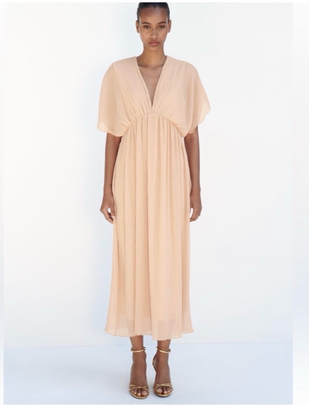 ZARA Pleated V-Neck Midi Dress in Blush Pink